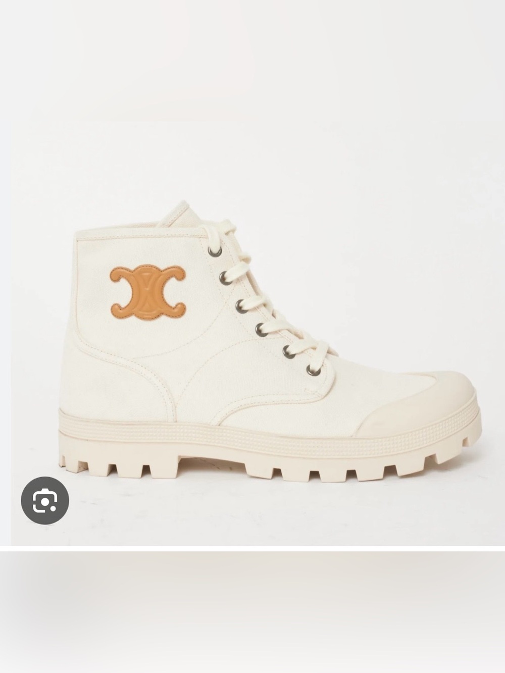 Celine Cream Canvas Lace-Up Boot with Tan Triomphe logo
